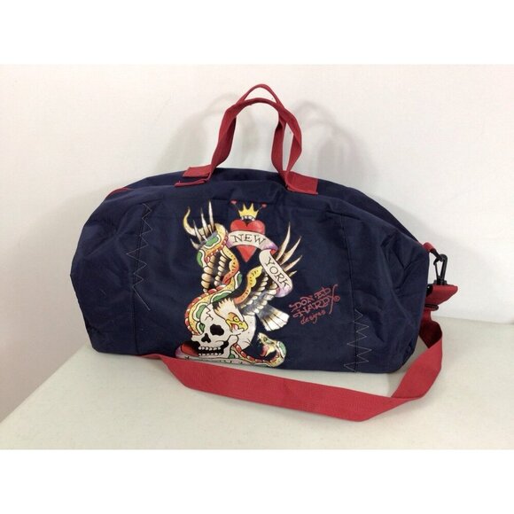 Ed Hardy Designs Duffel Bag New York City Heart Skull Carry On Gym College - Picture 1 of 7